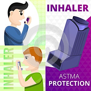 Asthma inhaler banner set, cartoon style