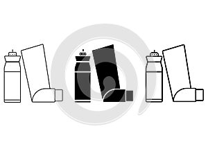 Asthma inhaler. Breather for cough relief, inhalation, allergic patient. Simple outline, glyph and flat vector icon. Throat spray