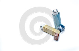 Asthma inhaler. Asthma controller, reliever equipment. Steroids and bronchodilator drug for asthma and chronic bronchitis. photo