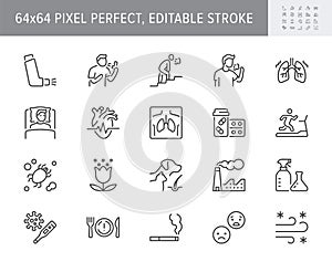 Asthma line icons. Vector illustration include icon - inhaler, cough, pollen, dust, lung, flu, xray, tachycardia, breath