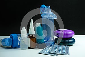 Asthma medication. Set of inhalers and medication photo