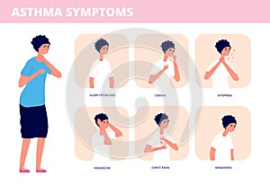 Asthma symptoms. Person choking, chronic breathing problem disease. Asthmatic breath infographic, allergy or sickness photo
