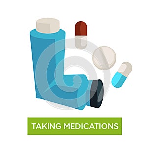 Asthma taking medications inhaler and pills disease treatment photo