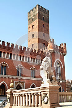 Asti, Piedmont, Italy - Piazza Roma, Palazzo Medici del Vascello and Comentina tower photo