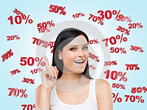 Astonished brunette surrounded by discount and sale numbers: 10% 20% 30% 50% 70%.