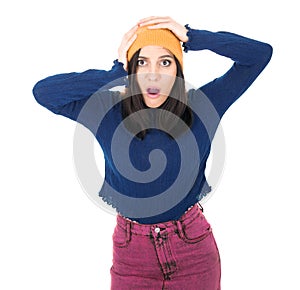 Astonished happy girl with hands on his head, isolated on white background. Positive news. Ecstatic pretty woman