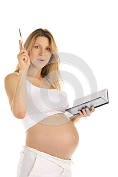 Astonished at the pregnant woman with a notepad