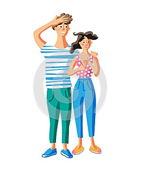 Astonished young couple flat vector illustration