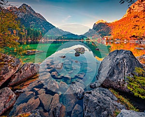 Astonishing autumn scene of Hintersee lake. Attractive morning view of Bavarian Alps on the Austrian border, Germany, Europe