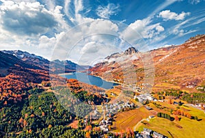 Astonishing autumn view from flying drone of Sils lake. Spectacular morning landscape of Swiss Alps