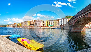 Astonishing cityscape of Bosa town with Ponte Vecchio bridge across the Temo river