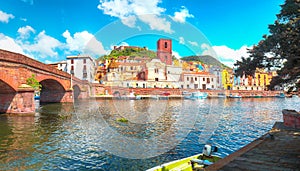 Astonishing cityscape of Bosa town with Ponte Vecchio bridge across the Temo river