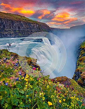 Astonishing summer view of Gullfoss - popular tourist destination. Gorgeous sunrise on Hvita river.