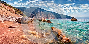 Astonishing summer view of Myrtos Beach with azure water.