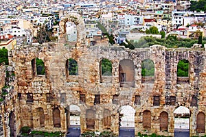 Astonishing view of ancient ruins of the Odeon of Herodes Atticus. It is a small building of ancient Greece