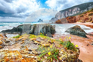 Astonishing  view of beach Portu Cauli in Masua with Pan di Zucchero at background