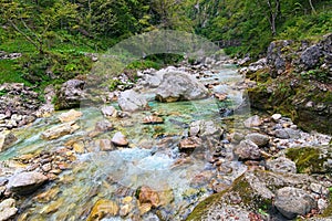 Astonishing view of Tolmin Gorge Tolminska Korita. It located on the southern end of Triglav National Park.