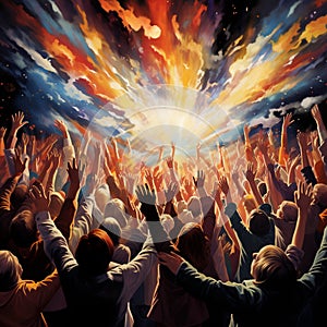 Astonishing Wallpaper: Celestial Crescendo - Congregation Lifting Their Hands in Synchronized Worship photo