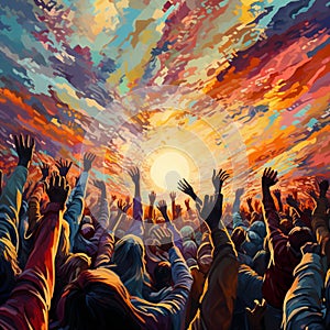 Astonishing Wallpaper: Celestial Crescendo - Congregation Lifting Their Hands in Synchronized Worship photo