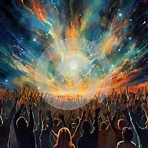 Astonishing Wallpaper: Celestial Crescendo - Congregation Lifting Their Hands in Synchronized Worship photo