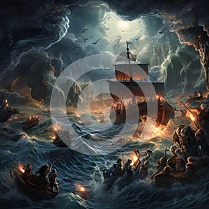 Astonishing Wallpaper: Nordic Deities, Ancient Runes, and Mythical Creatures Battling Amidst Tempestuous Seas