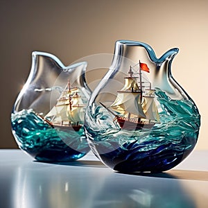 Astonishing Wallpaper Voyage in a Vase: Ships inside Transparent Vases on the Sea