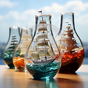 Astonishing Wallpaper Voyage in a Vase: Ships inside Transparent Vases on the Sea