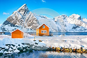 Astonishing winter view of Sakrisoy village and snowy mountaines on background