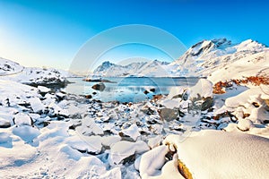 Astonishing  winter view on Sundstraumen strait that separates Moskenesoya and Flakstadoya islands