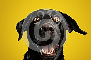 Astounded dog reacting with amazement, standing gracefully on sunny yellow background