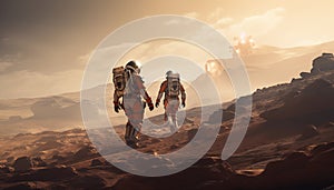 Astral Explorers: Two Astronauts Exploring Mars in Space Suits