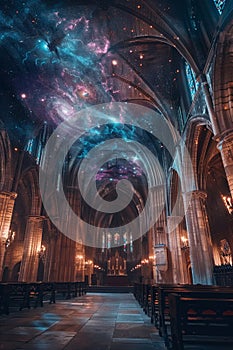 Astral potion ceremony in a cathedral, nebula projections on the ceiling, candlelit, night time, panoramic interior view,