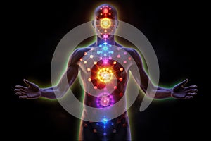 Astral space energy and chakras in athlete man silhouette, magical esoteric view. Person and colorful light on dark background.