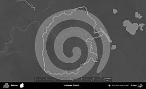 Astraviec District outlined, Belarus. Grayscale