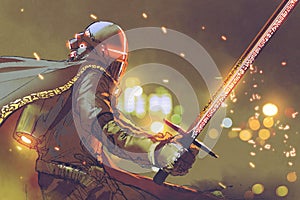 Astro-knight in futuristic armor holding magic sword
