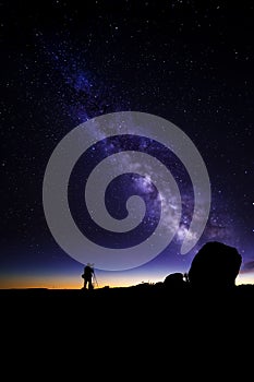 Astro Photographer in the desert and view of Milky Way Galaxy photo