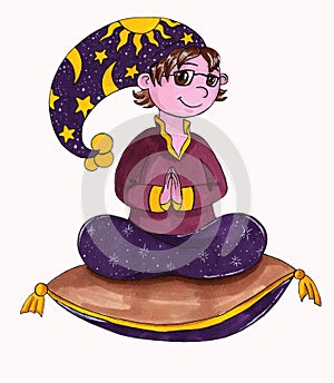 Astrologer in a hat with stars and moon, a character sitting on a pillow