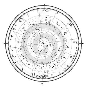 Astrological Celestial Map of The Northern Hemisphere. The General Global Universal Horoscope on January 1, 2020.