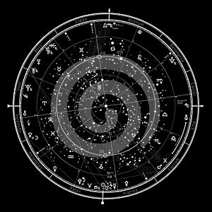 Astrological Celestial Map of The Northern Hemisphere. The General Global Universal Horoscope on January 1, 2020.