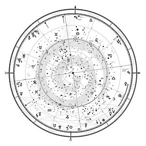 Astrological Celestial map of Northern Hemisphere. Horoscope on January 1, 2019 (00:00 GMT).