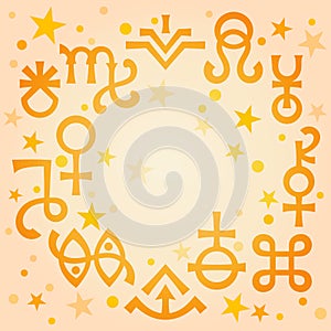 Astrological diadem astrological signs and occult mystical symbols, warm morning celestial pattern background with stars