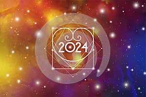 Astrological New Year 2024 Greeting Card or Calendar Cover on Cosmic Background.