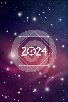 Astrological New Year 2024 Greeting Card or Calendar Cover on Cosmic Background.
