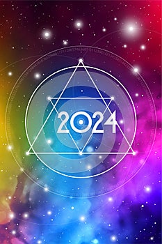 Astrological New Year 2024 Greeting Card or Calendar Cover on Cosmic Background.