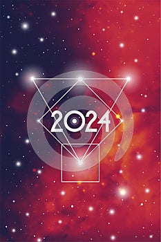 Astrological New Year 2024 Greeting Card or Calendar Cover on Cosmic Background.