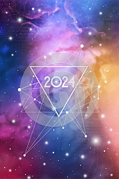 Astrological New Year 2024 Greeting Card or Calendar Cover on Cosmic Background.