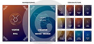 Astrological planets and corresponding zodiac sign symbols with labels. Illustrated vector horoscope cards collection.