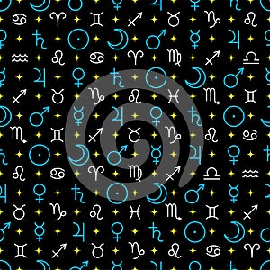 Astrological seamless pattern with planets symbols isolated on black