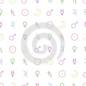 Astrological seamless pattern with planets symbols isolated on white