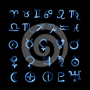 Astrological set of zodiac signs and planets with neon effect.